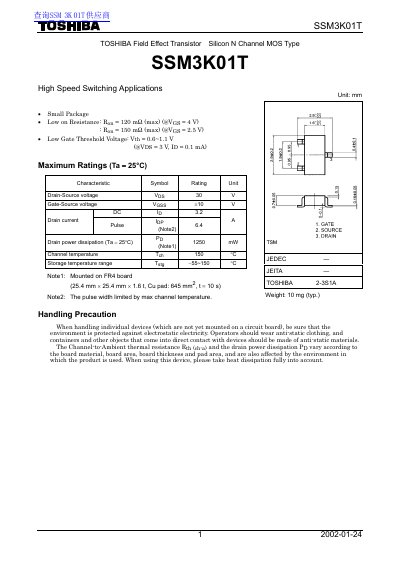 Toshiba SSM3K01T Field Effect Transistor Datasheet - cover page