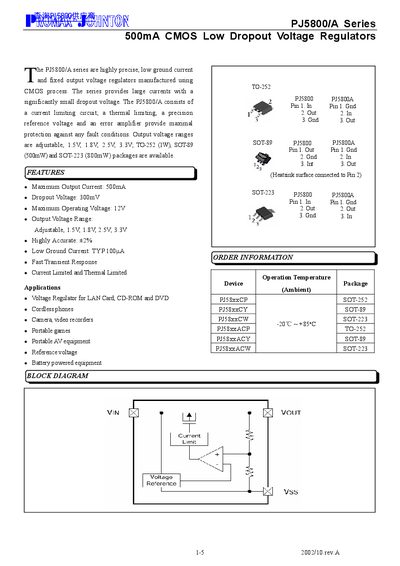 PROMAX PJ5800/A Series 500mA CMOS Low Dropout Voltage Regulators Datasheet - cover page