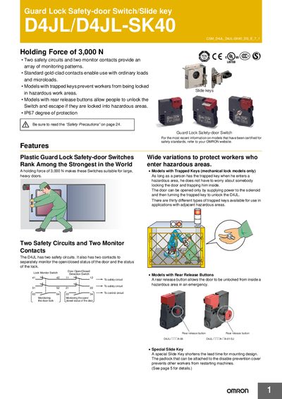 Omron D4JL/D4JL-SK40 Guard Lock Safety-door Switch Datasheet - cover page