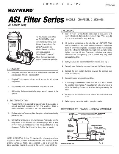 Hayward C125080X5S ASL Filter Owner's Guide