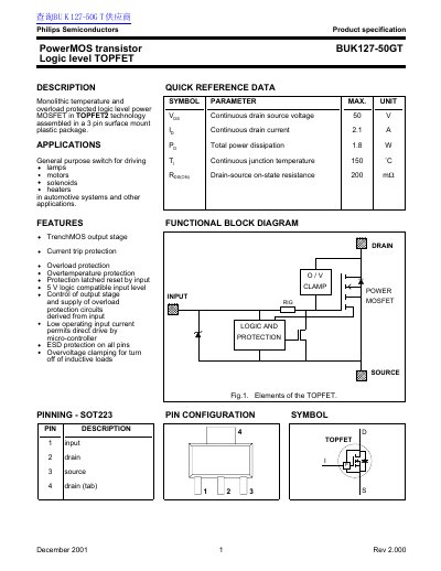 Philips BUK127-50GT PowerMOS Transistor Datasheet - cover page