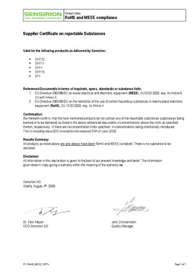 Sensirion SHT10/SHT11/SH11/SHT15/SF RoHS & WEEE Supplier Certificate - cover page
