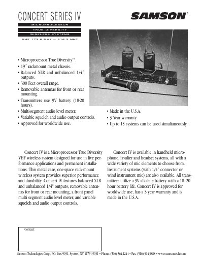 Samson Concert Series IV VHF Wireless System Specifications - cover page