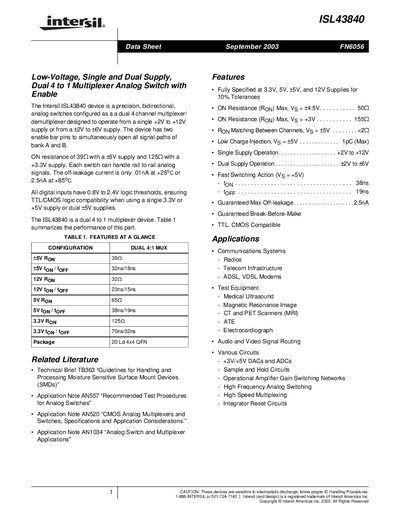 Intersil ISL43840 Dual 4 to 1 Multiplexer Analog Switch Datasheet - cover page