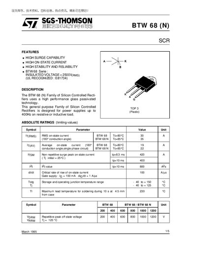 SGS-THOMSON BTW 68(N) Datasheet