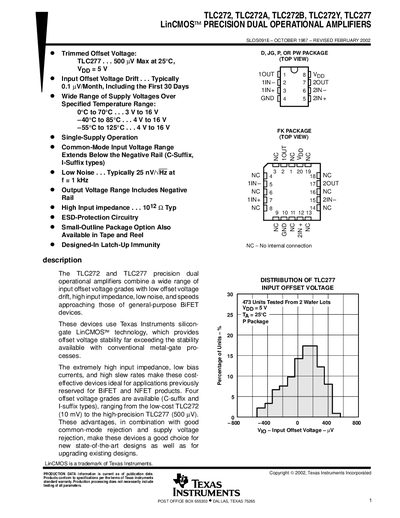 Texas Instruments TLC272/TLC272A/TLC272B/TLC272Y/TLC277 Datasheet - cover page