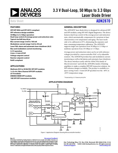Analog Devices ADN2870 Laser Diode Driver Data Sheet - cover page