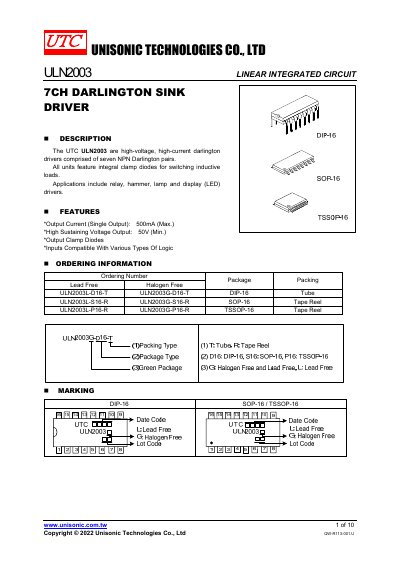 Unisonic Technologies ULN2003 Linear Integrated Circuit Datasheet - cover page