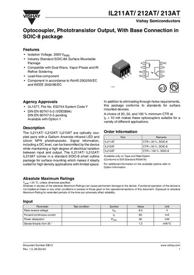 Vishay IL211AT/212AT/213AT Optocoupler Datasheet - cover page