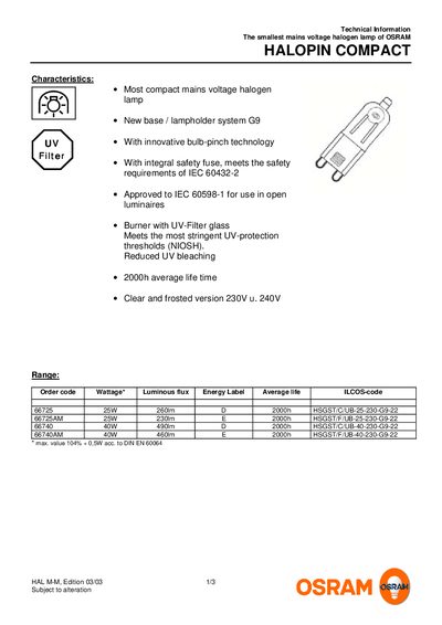 OSRAM HALOPIN COMPACT Halogen Lamp Technical Information Sheet - cover page