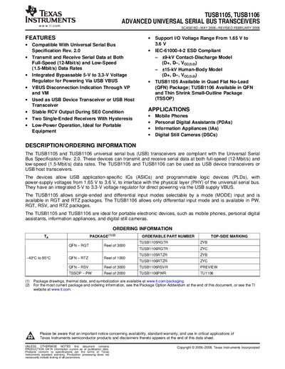 Texas Instruments TUSB1105/TUSB1106 Advanced USB Transceiver Datasheet - cover page