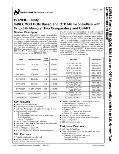 National Semiconductor COP8SG Family 8‑Bit Microcontroller Datasheet - cover page