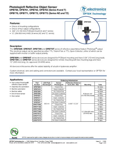 OPTEK Photologic Reflective Object Sensor OPB760 OPB761 OPB762 OPB763 (Series N T) OPB770 OPB771 OPB772 OPB773 (Series NZ TZ) Manual - cover page