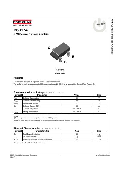 Fairchild Semiconductor BSR17A NPN General Purpose Amplifier Datasheet - cover page