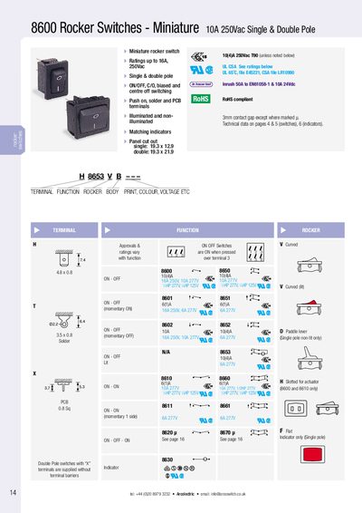 Arcolectric 8600 Rocker Switch Product Leaflet - cover page