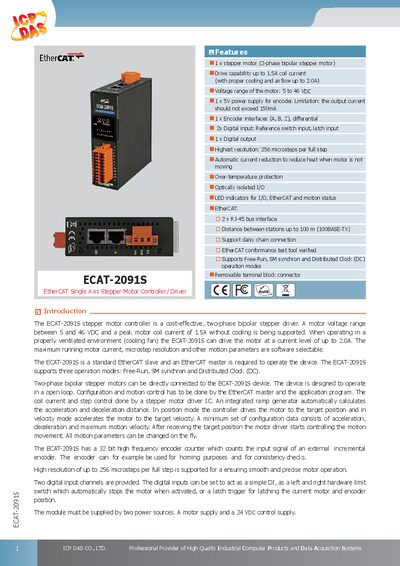 ICP DAS ECAT-2091S Stepper Motor Controller/Driver Datasheet - cover page