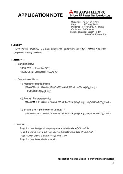 MITSUBISHI ELECTRIC RD00HVS1 RD02MUS1B 2-stage amplifier RF performance at f=400-470MHz Vdd=7.2V (improved stability versions) Manual - cover page