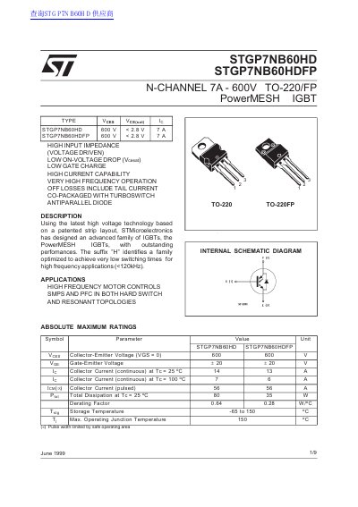 STMicroelectronics STGP7NB60HD/FP PowerMESH IGBT Datasheet