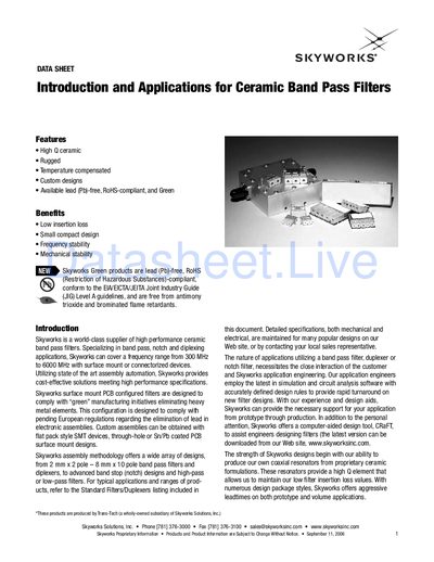 Skyworks Ceramic Band Pass Filters Data Sheet - cover page