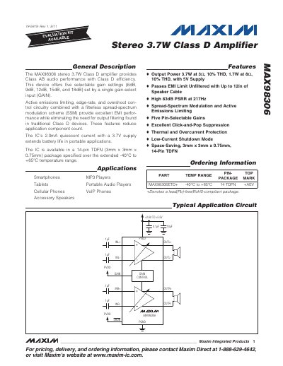 Maxim MAX98306 Stereo Class D Amplifier Datasheet - cover page