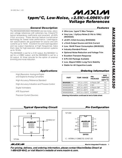 MAXIM MAX6325/MAX6341/MAX6350 1ppm/&deg;C Low-Noise +2.5V/+4.096V/+5V Voltage References handbook - cover page