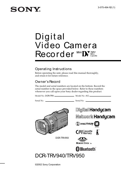 Sony DCR-TRV940/DCR-TRV950 Camcorder Operating Instructions