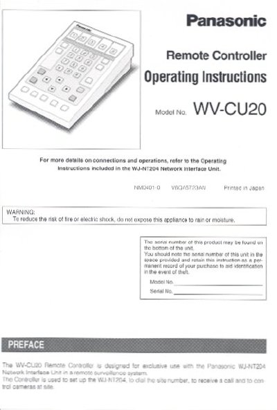 Panasonic WV-CU20 Remote Controller Operating Instructions - cover page