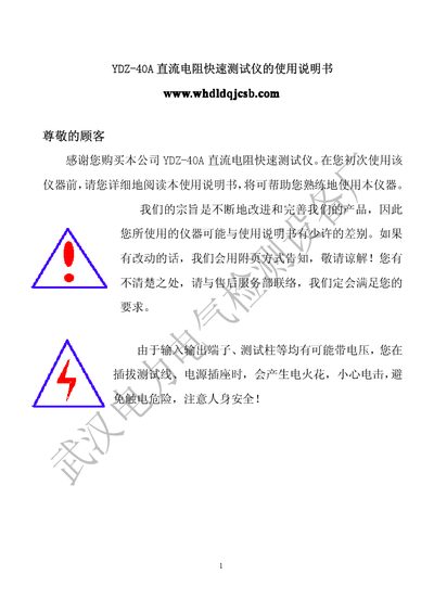 Wuhan YDZ-40A Direct-Current Resistance Quick Tester User Manual - cover page