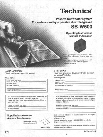 Technics SB-W500 Passive Subwoofer System Operating Instructions - cover page