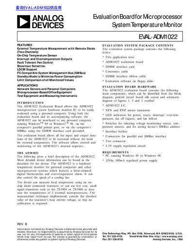 Analog Devices EVAL-ADM1022 Evaluation Board User Guide - cover page