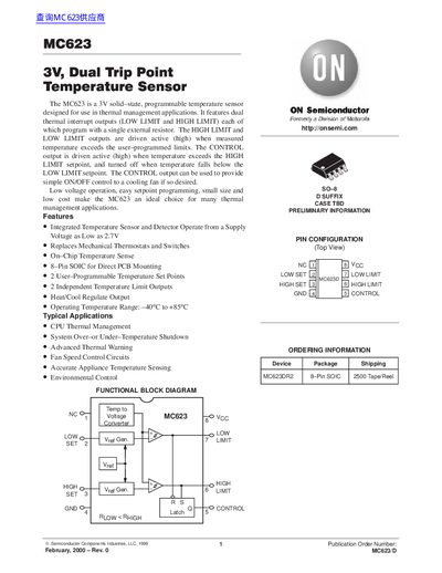 ON Semiconductor MC623 Temperature Sensor Datasheet - cover page