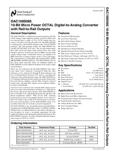 National Semiconductor DAC108S085 10‑Bit Octal Digital‑to‑Analog Converter Datasheet - cover page