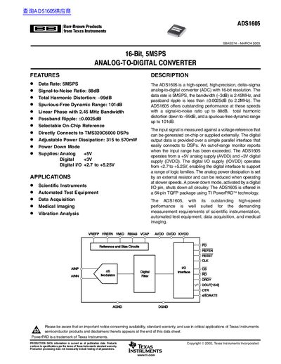 Texas Instruments ADS1605 16-Bit Analog-to-Digital Converter Datasheet - cover page