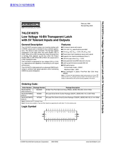 Fairchild Semiconductor 74LCX16373 Low Voltage 16-Bit Transparent Latch Datasheet - cover page