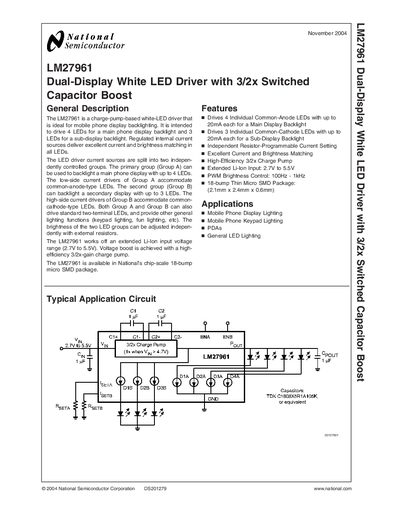National Semiconductor LM27961 Dual-Display White LED Driver with 3/2x Switched Capacitor Boost handbook - cover page