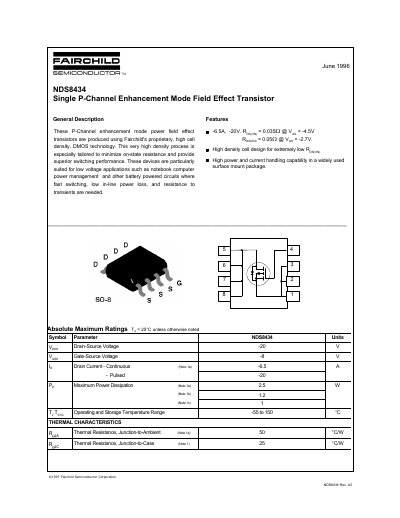 Fairchild NDS8434 P-Channel Enhancement Mode Field Effect Transistor Datasheet - cover page