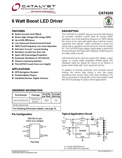 Catalyst CAT4240 Boost LED Driver Datasheet - cover page
