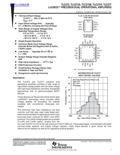 TEXAS INSTRUMENTS TLC272 TLC272A TLC272B TLC272Y TLC277 LinCMOS PRECISION DUAL OPERATIONAL AMPLIFIERS Data Sheet - cover page