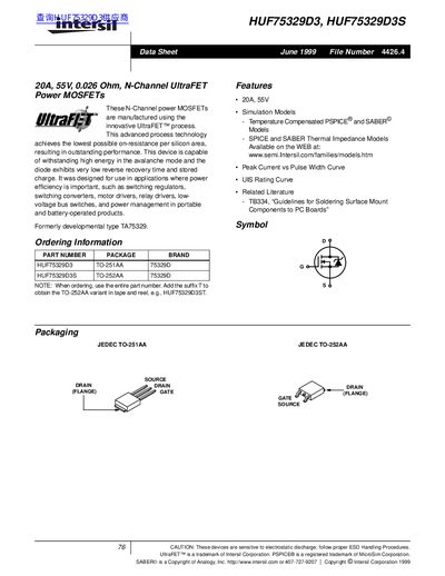 Intersil HUF75329D3/HUF75329D3S N-Channel Power MOSFET Data Sheet - cover page