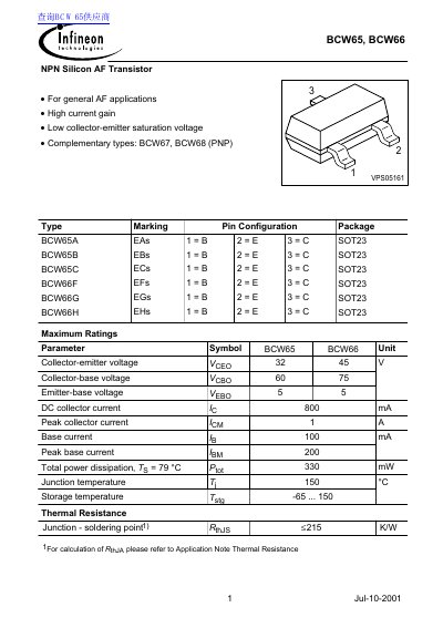 Infineon Technologies BCW65/BCW66 NPN Silicon AF Transistor Datasheet - cover page