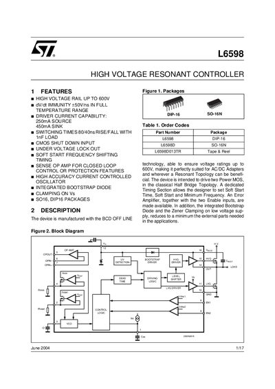 STMicroelectronics L6598 High Voltage Resonant Controller Datasheet - cover page