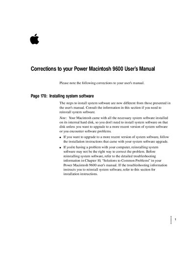 Apple Power Macintosh 9600 User's Manual Corrections - cover page