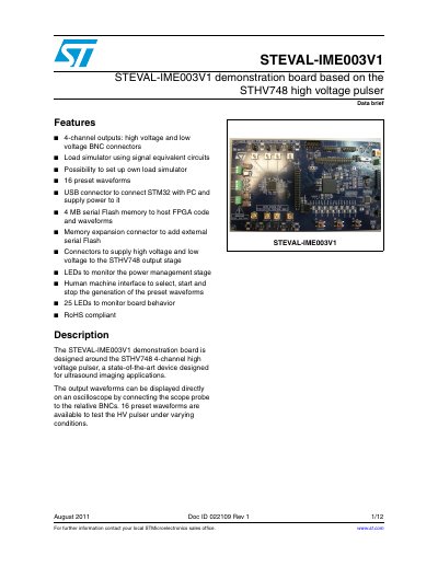 ST STEVAL-IME003V1 STEVAL-IME003V1 demonstration board based on the STHV748 high voltage pulser handbook