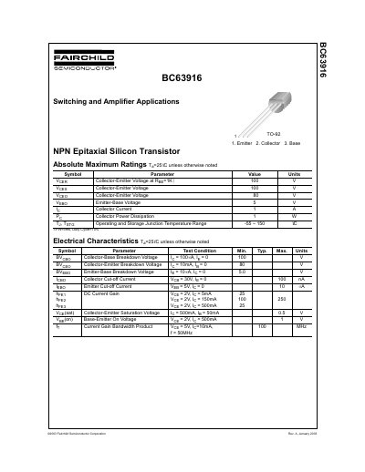 Fairchild BC63916 NPN Transistor Datasheet - cover page