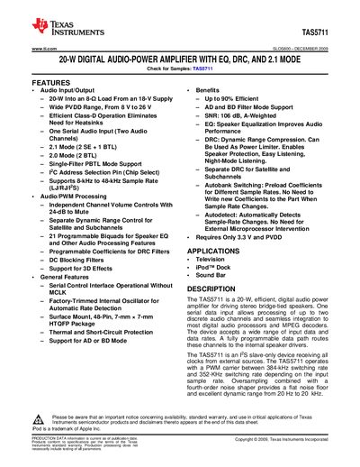 Texas Instruments TAS5711 Datasheet - cover page