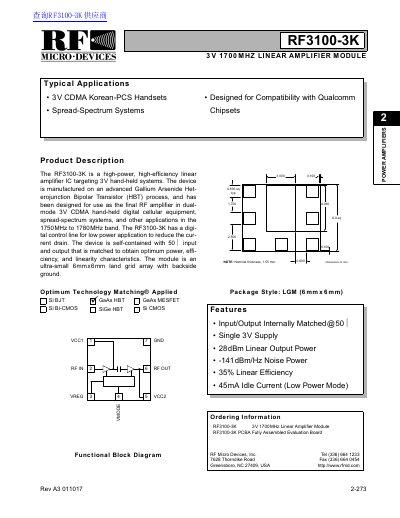 RF Micro Devices RF3100-3K Linear Amplifier Module Datasheet - cover page
