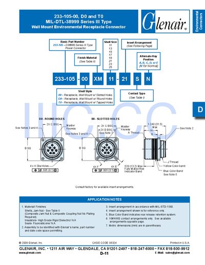 Glenair D233-105-00 D0 and T0 MIL-DTL-38999 Series III Wall Mount Environmental Receptacle Connector Datasheet - cover page