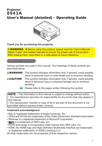 8943A Projector User's Manual - cover page