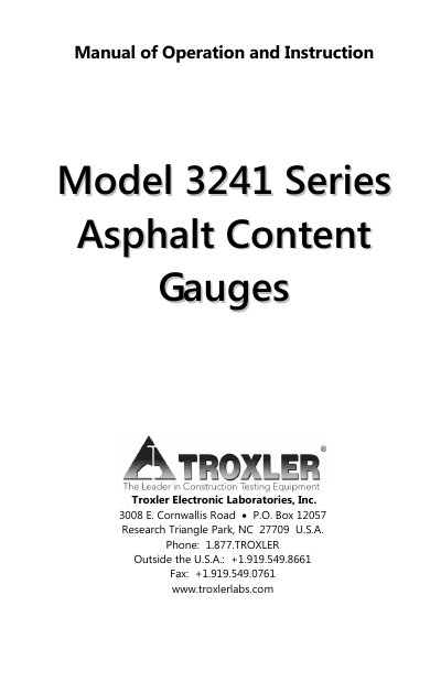 Troxler 3241 Series Asphalt Content Gauge Manual of Operation and Instruction - cover page