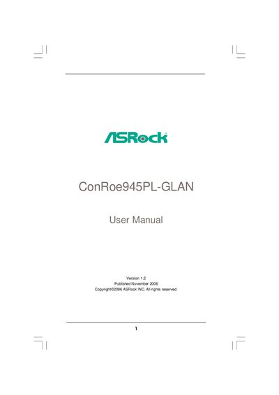ASRock ConRoe945PL-GLAN Motherboard User Manual - cover page